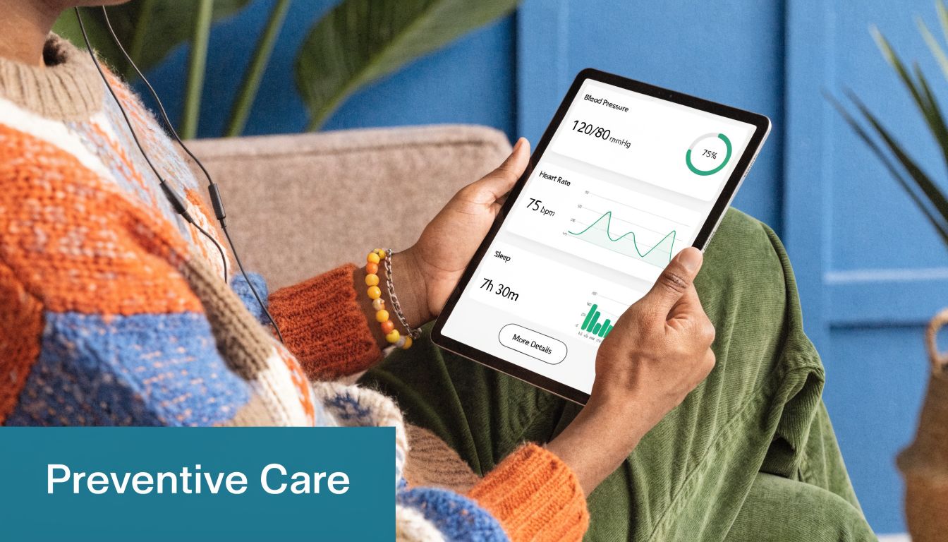 A person checking health data including blood pressure and heart rate on a digital tablet screen.