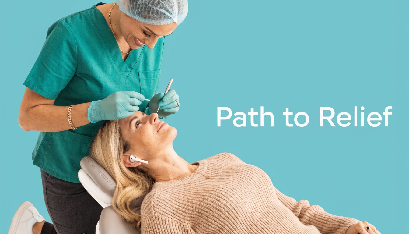 A smiling dental professional performing a facial procedure on a relaxed patient in a clinical setting.