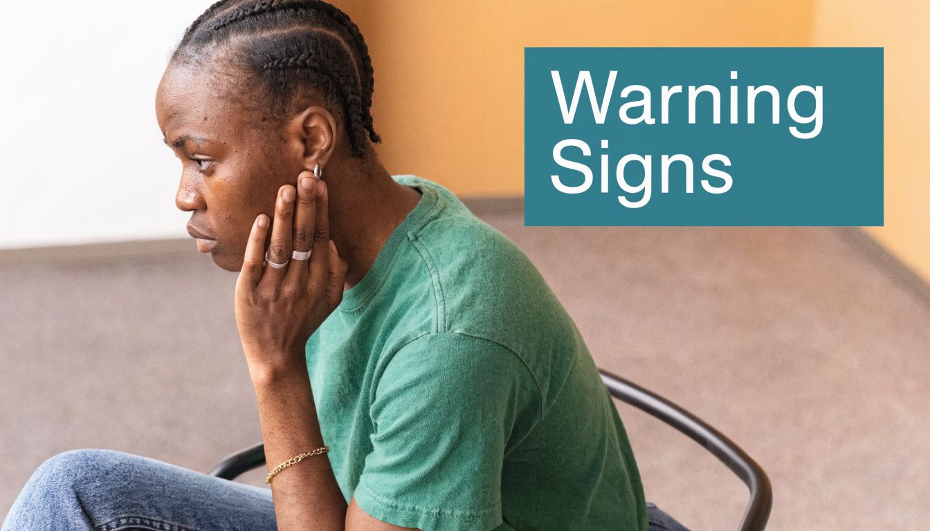 A person sitting with a concerned expression, holding their cheek, representing warning signs of health issues.