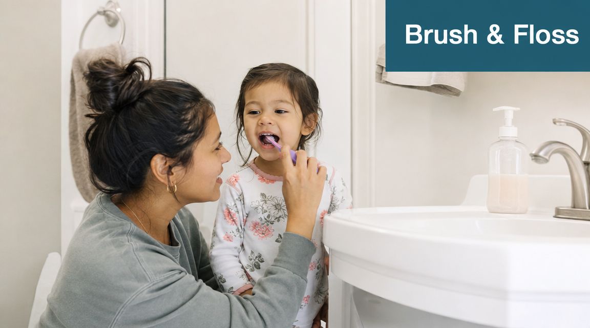 A mother helping her young daughter brush her teeth in a bright bathroom setting.