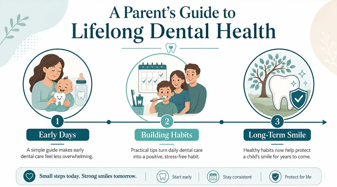 A parent's guide infographic illustrating three steps for maintaining children's lifelong dental health through proper habits.