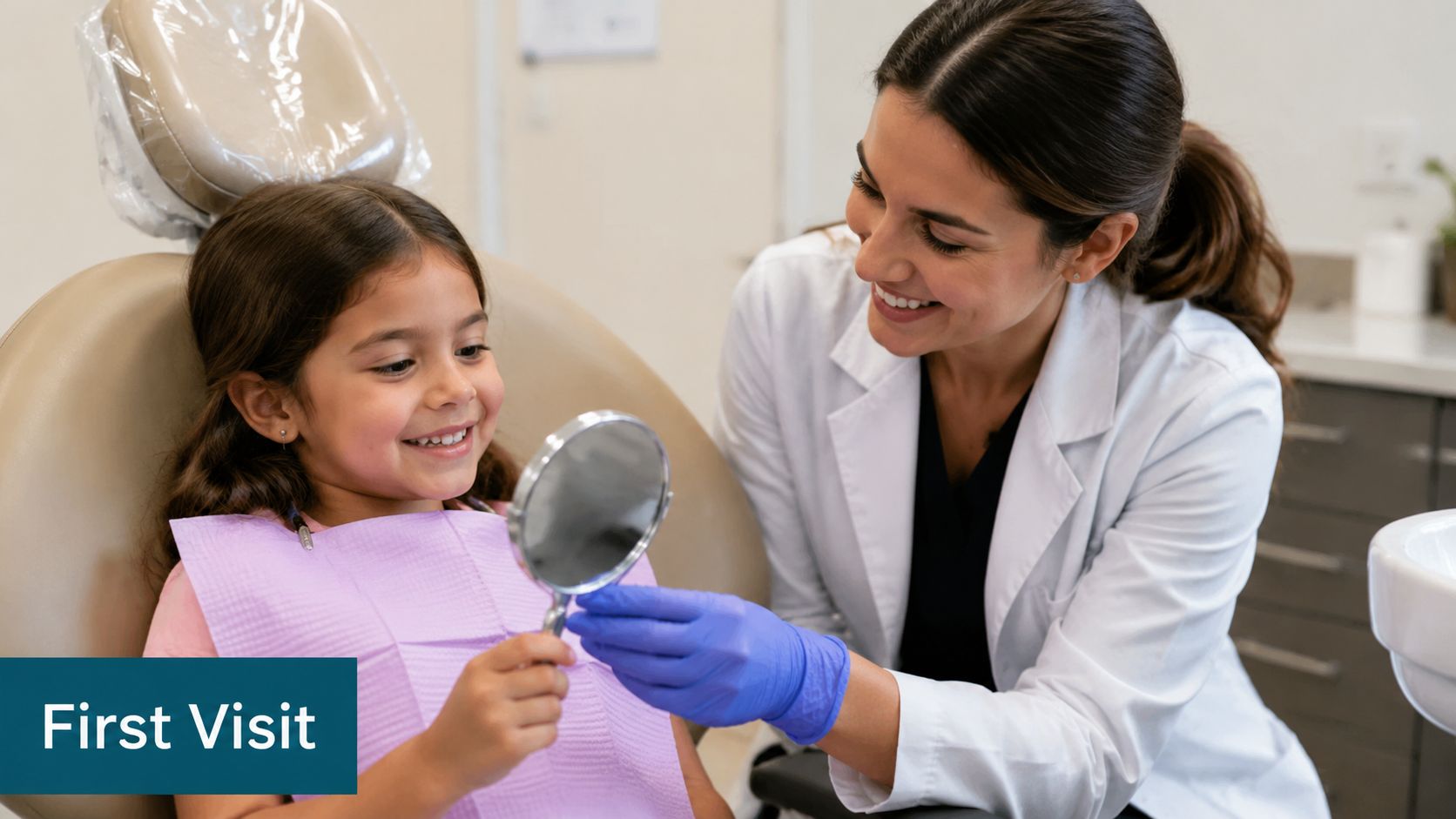 A friendly female dentist helping a happy young girl look at her teeth in a small mirror.