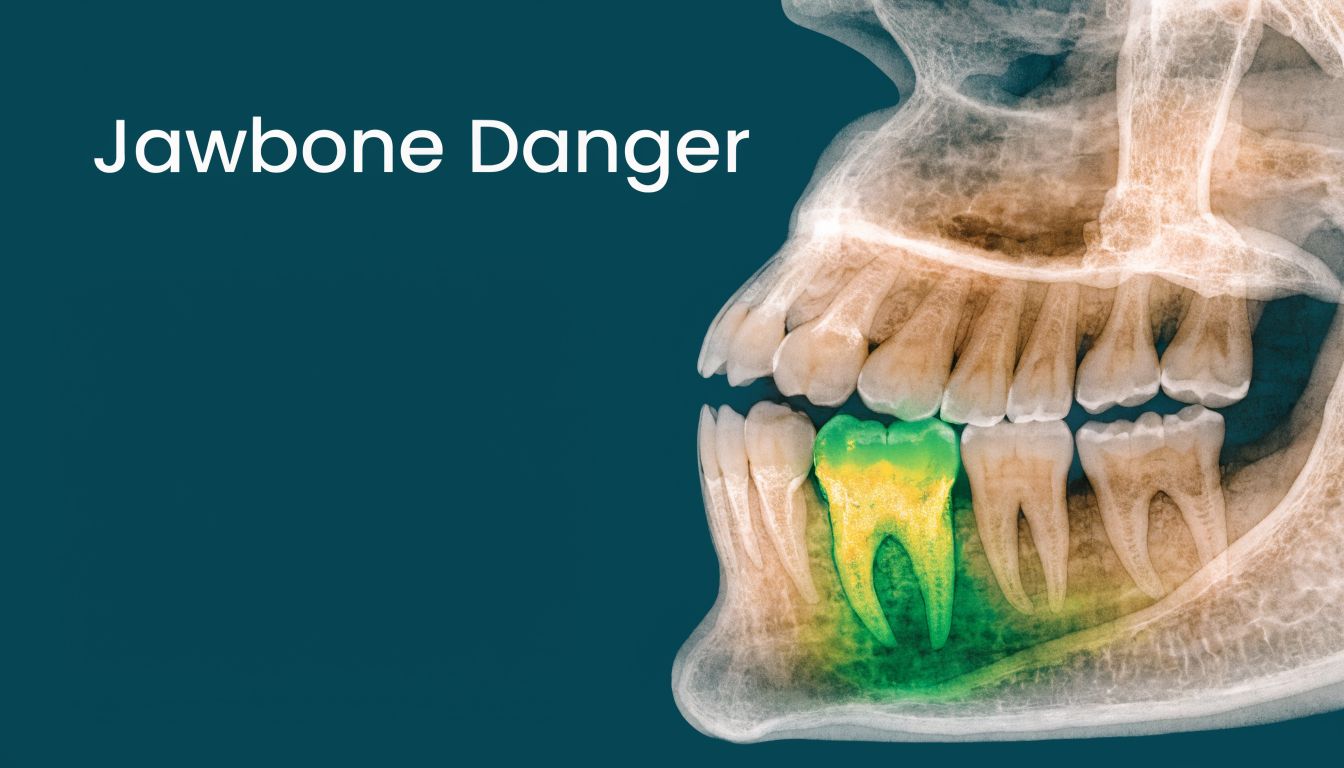 X-ray image showing an abscessed tooth in the lower jaw with highlighted inflammation and surrounding bone infection.