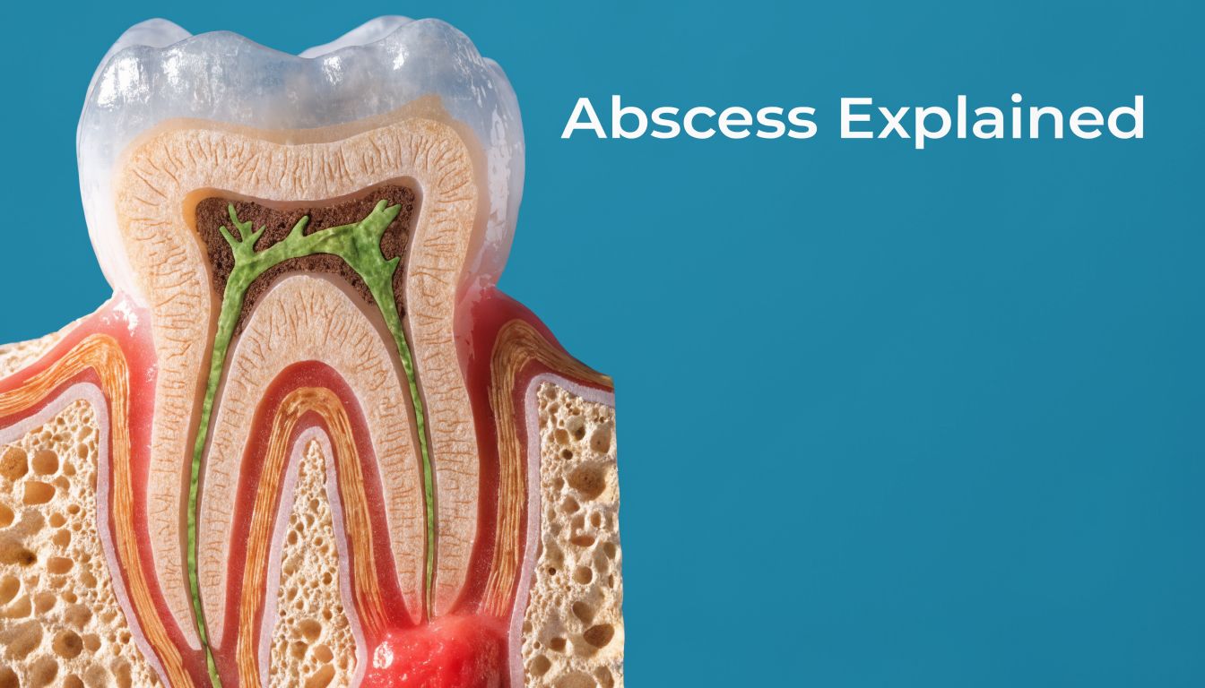 A detailed 3D dental cross-section showing an abscessed tooth with inflammation at the root apex.