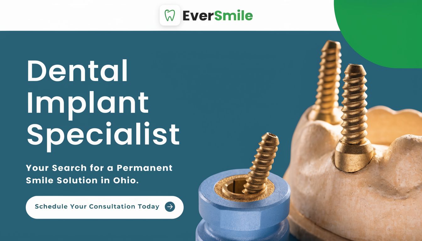 A professional graphic featuring EverSmile branding, highlighting dental implant services for residents looking for solutions in Ohio.