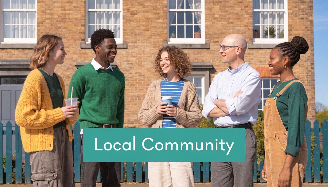 A diverse group of five adults standing together outside a brick building, smiling and talking.