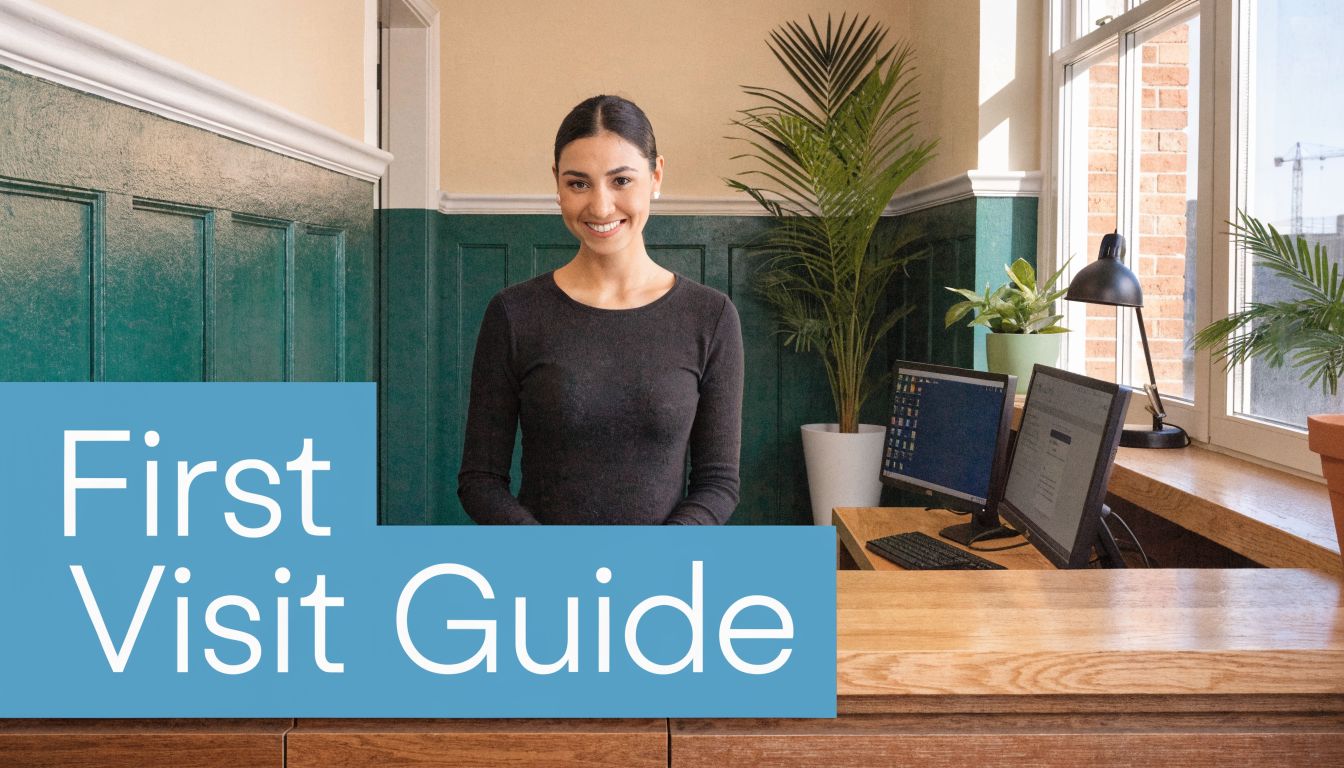 A smiling receptionist at a front desk, prepared to welcome guests for their first visit.