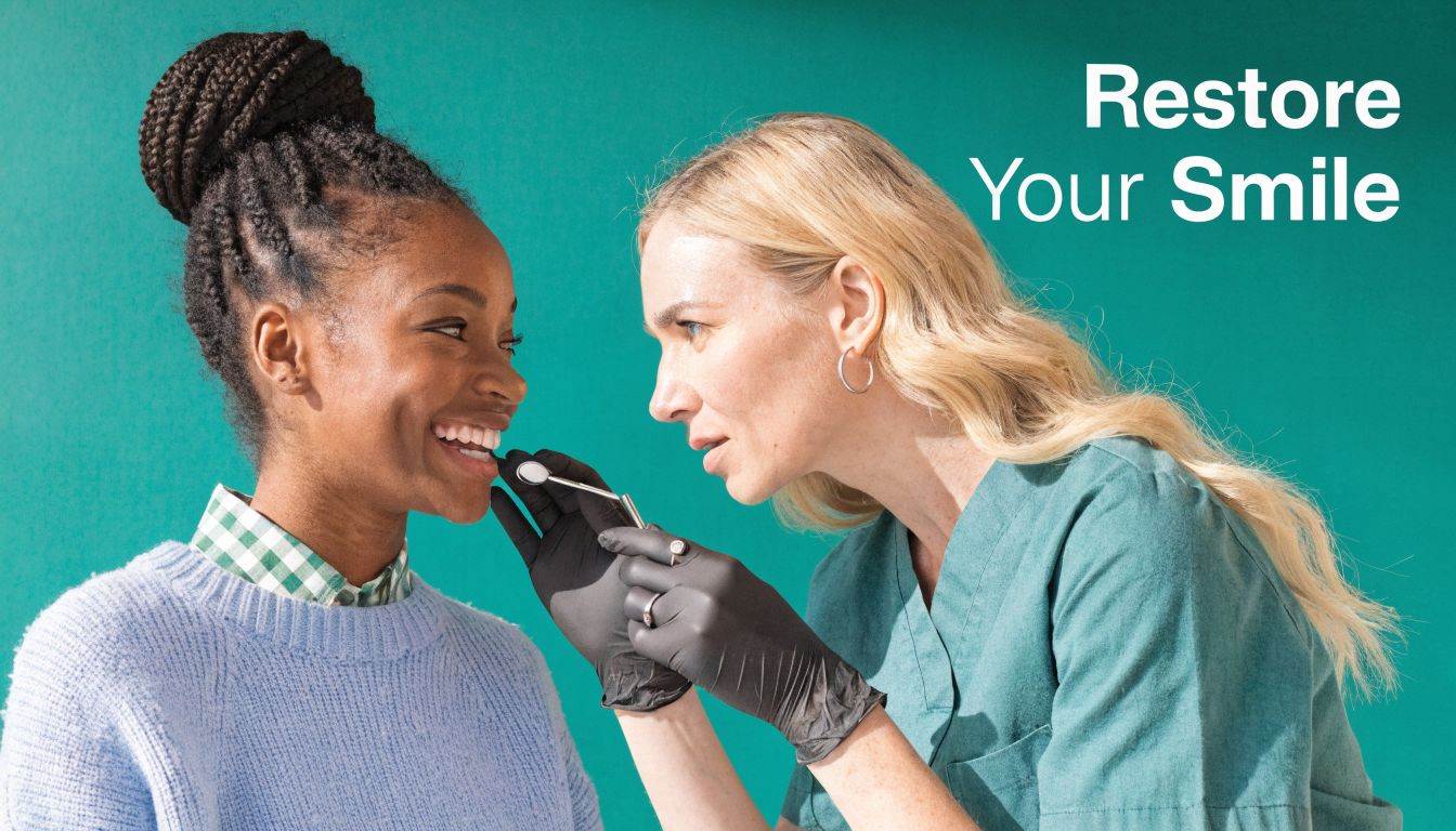 A professional dentist examining a young patient's teeth during a checkup against a bright teal background.