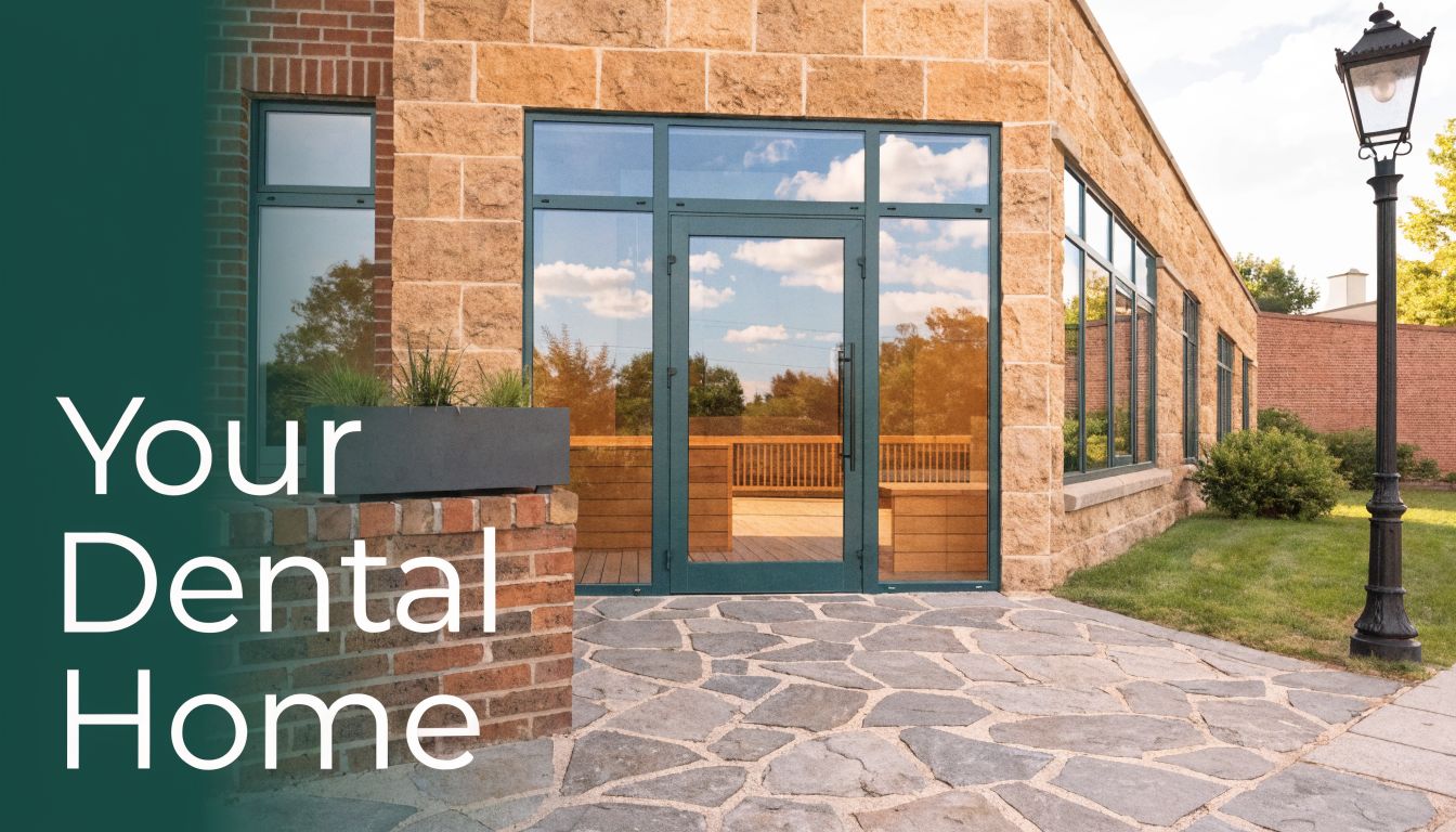 The entrance to a professional dental office building featuring brick architecture, large glass windows, and stone paving.