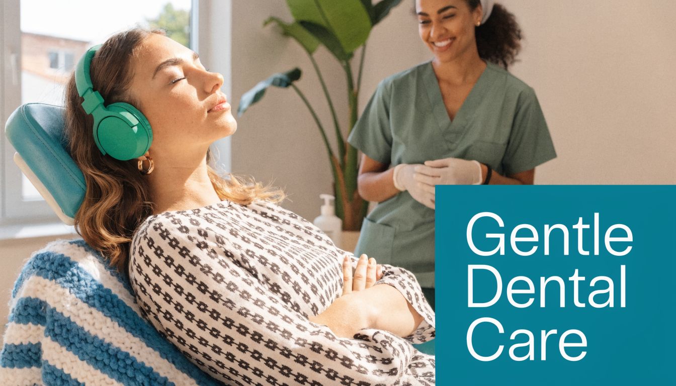 A relaxed patient wearing headphones resting in a dental chair while a smiling dentist stands nearby.