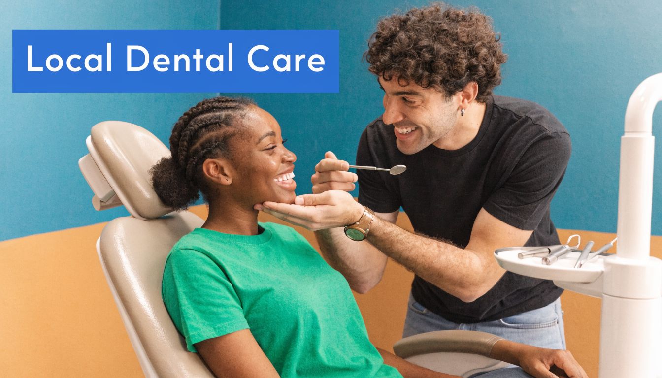 A smiling young dentist performing a dental examination on a happy patient in a clinic.