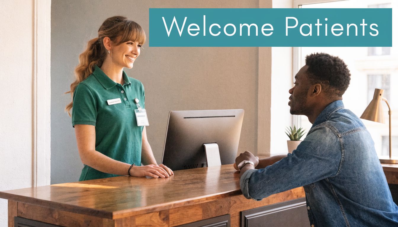 A friendly female receptionist greeting a male patient at a modern medical office front desk.