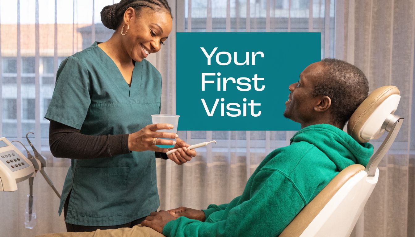 A friendly female dentist holds a mouthwash cup while interacting with a patient sitting in a chair.