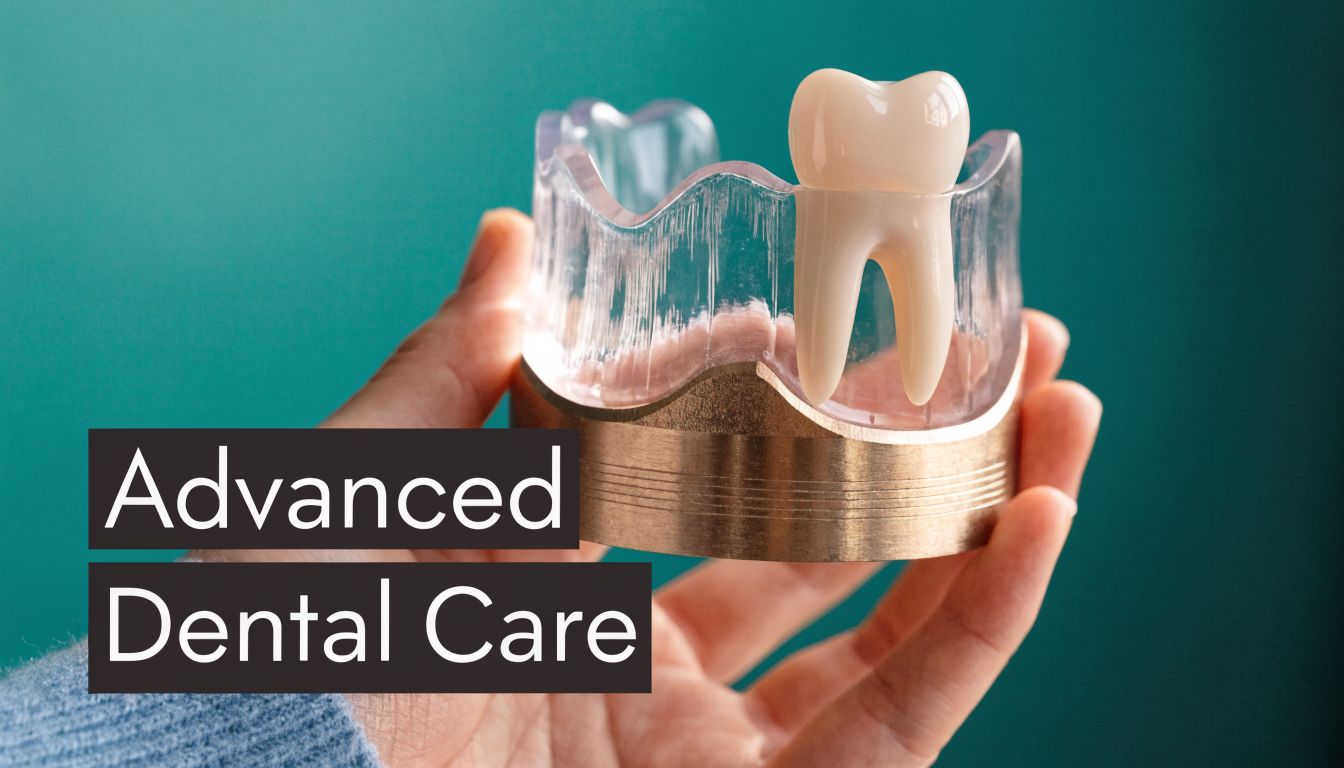 A hand holding a dental model showing a tooth implant, representing professional dentistry services.