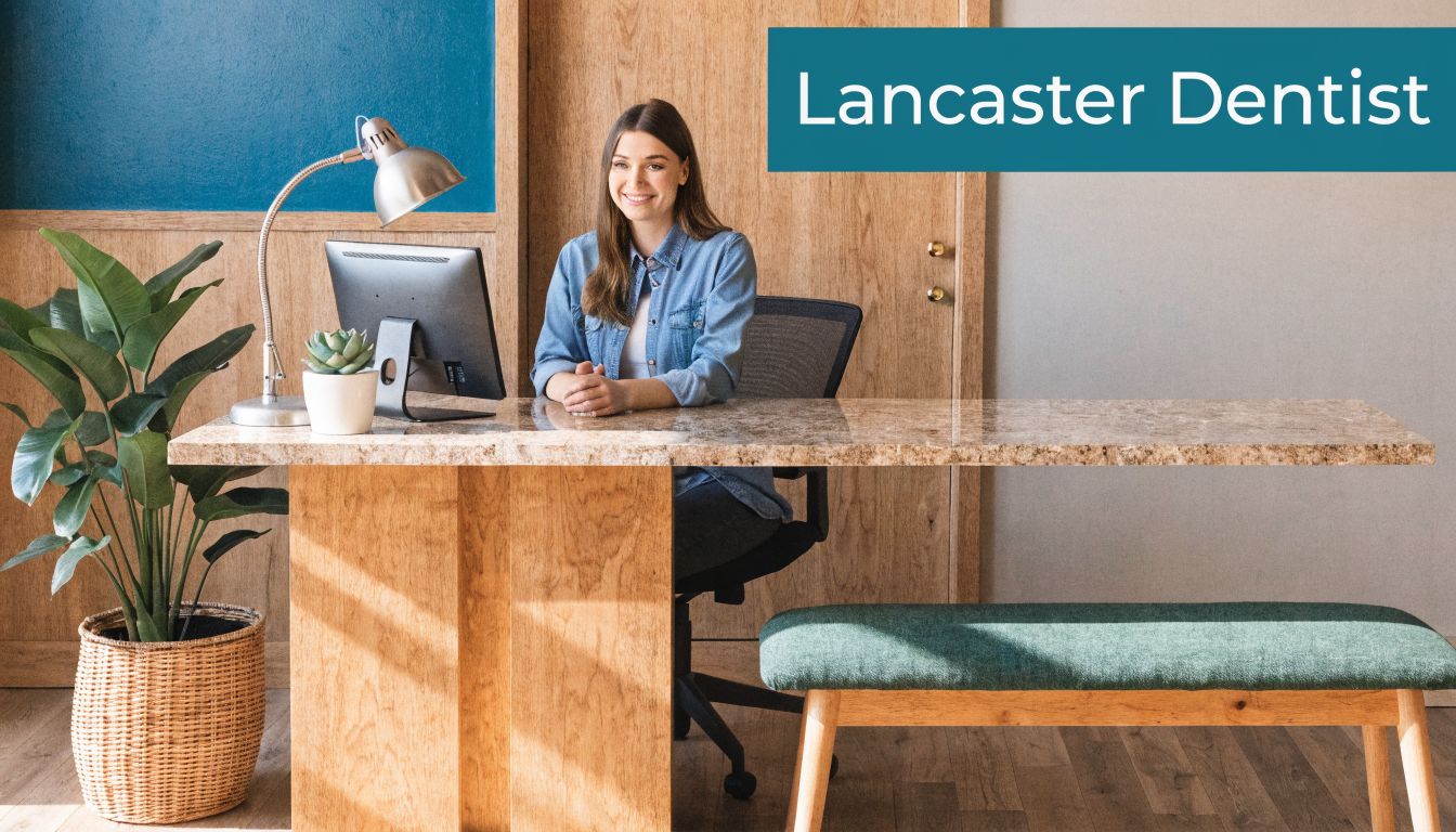 A friendly office receptionist sitting at a modern wood desk in a professional Lancaster dentist clinic office.