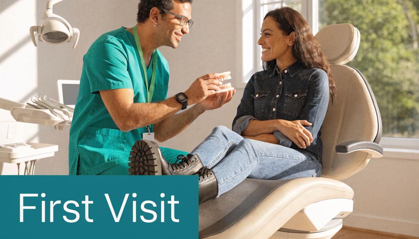 A friendly dentist explaining dental care procedures to a smiling patient during their first clinic visit.