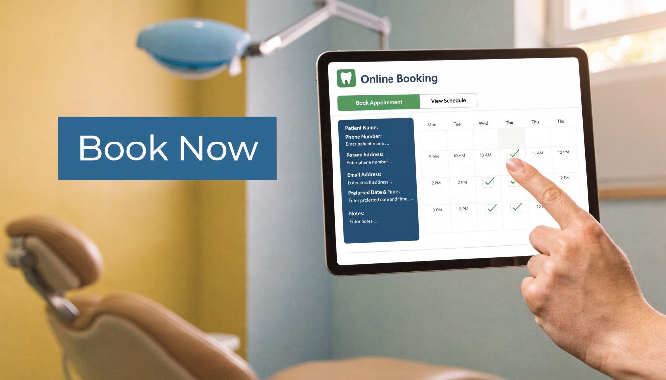 A hand selecting an online dental appointment time on a digital tablet in a dental office.