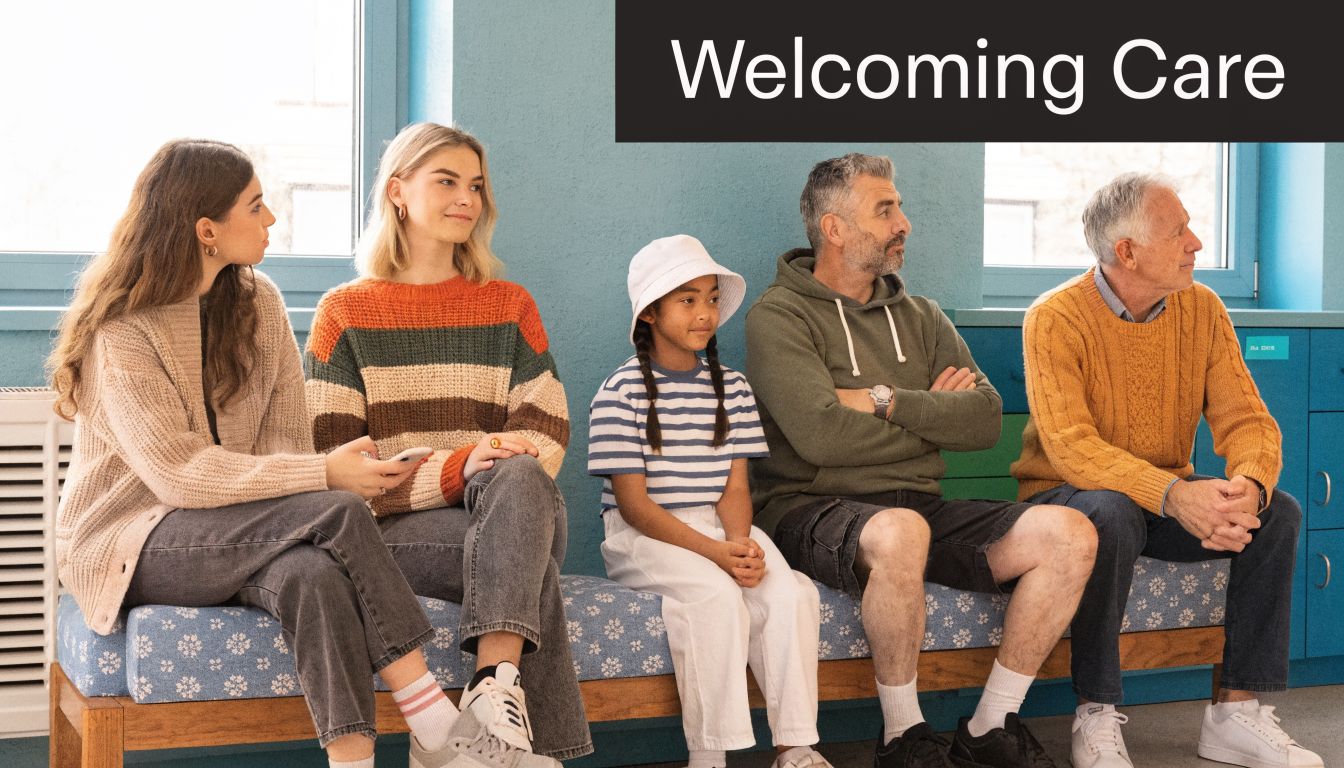 A diverse group of people sitting on a bench in a waiting room, looking in different directions.