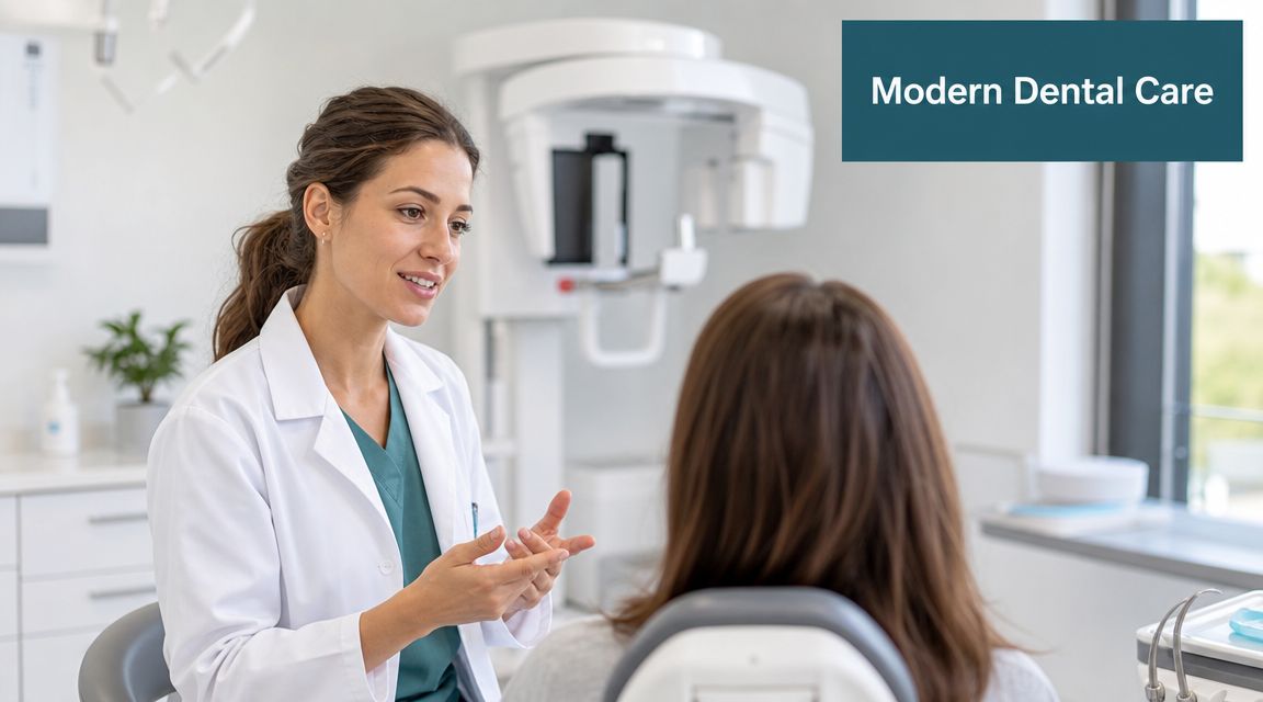 A female dentist consulting with a patient in a modern dental office with advanced imaging equipment.
