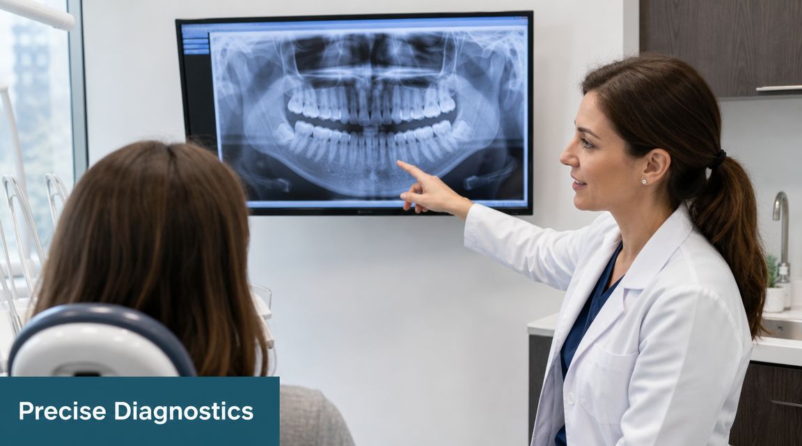 A female dentist pointing at a digital dental panoramic X-ray on a monitor for a patient