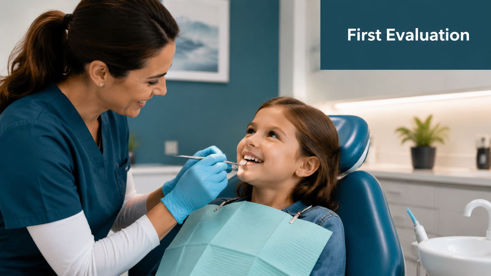 A friendly female dentist examining the teeth of a smiling young girl in a dental office.