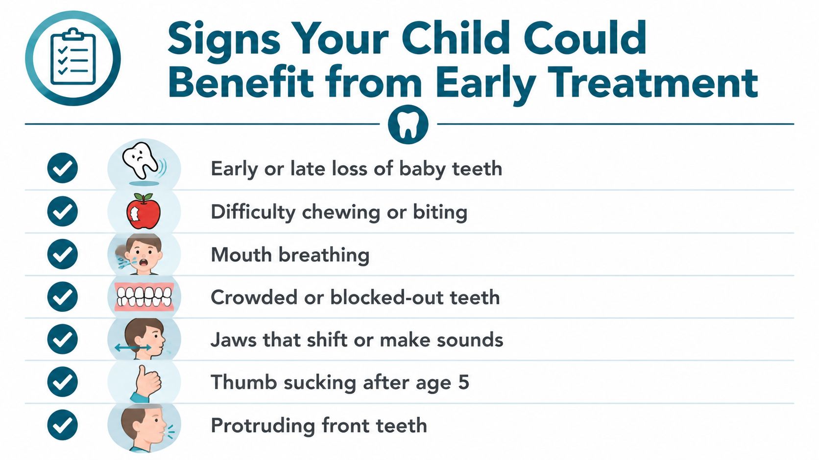 A checklist infographic illustrating seven signs indicating that a child might benefit from early orthodontic treatment.