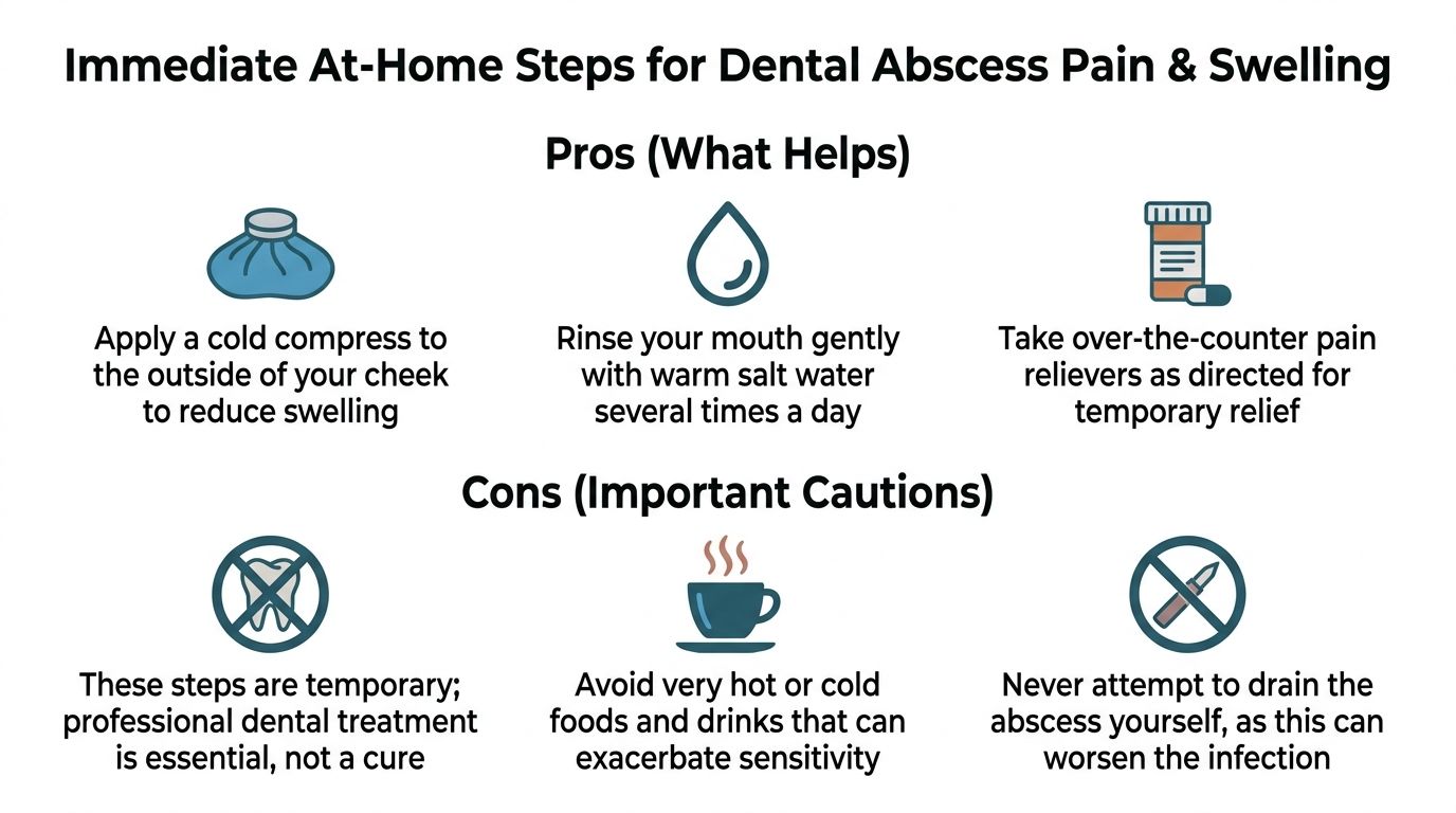 An infographic showing home remedies and important warnings for managing dental abscess pain and swelling.