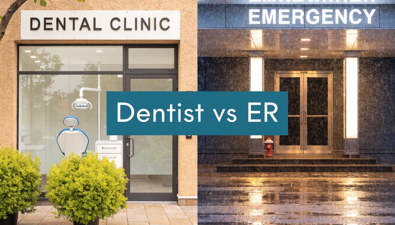A split image showing a dental clinic entrance on the left and an emergency room entrance on the right.