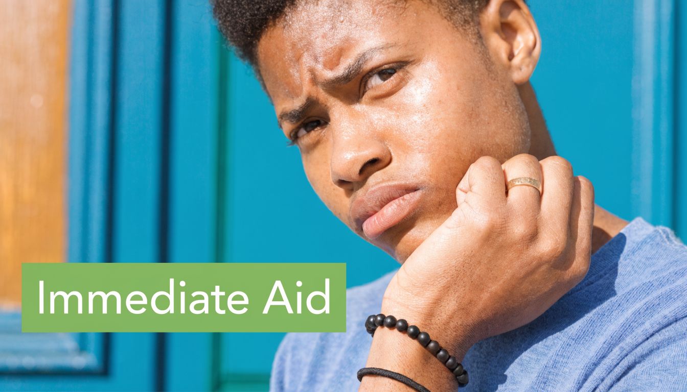 A young man with a thoughtful expression looks at the camera with the text Immediate Aid displayed.