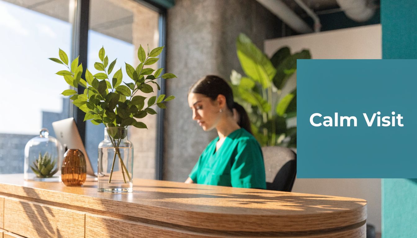 A professional nurse in a green scrub sitting at a clean, modern wooden reception desk indoors.