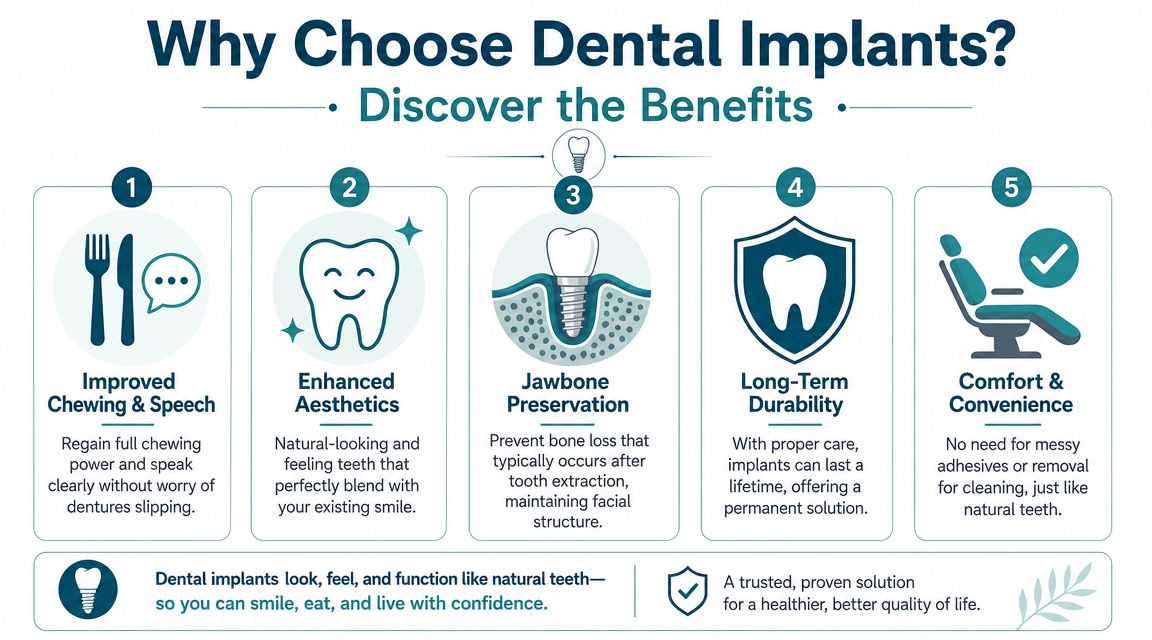 An infographic detailing the five key benefits of choosing dental implants for improved oral health and aesthetics.