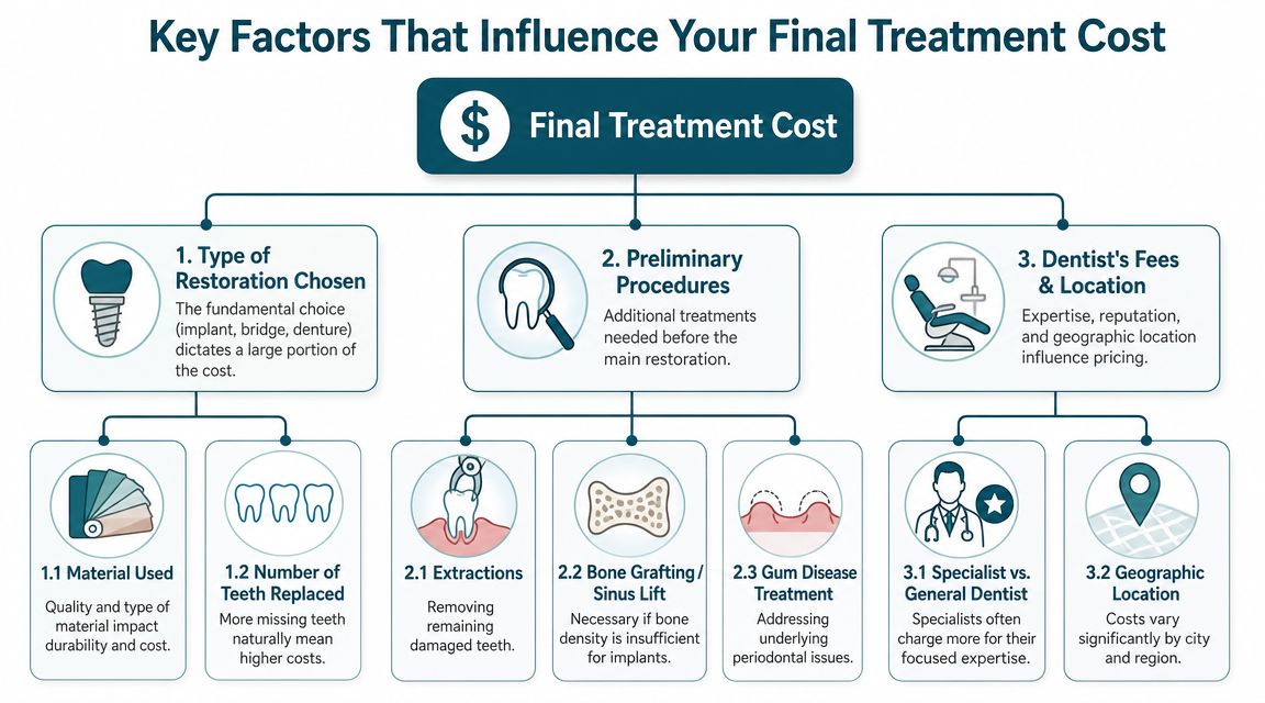 An infographic detailing the various factors influencing the final cost of dental restoration and tooth replacement treatments.