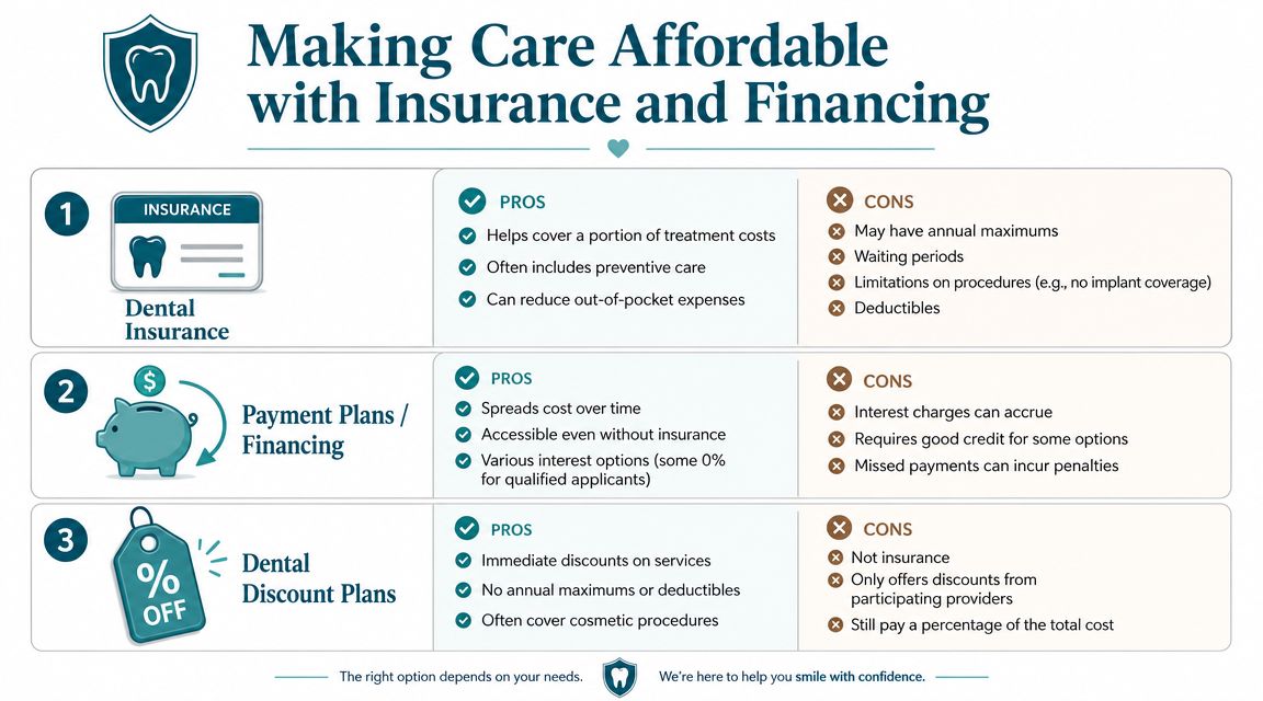 An infographic comparing dental insurance, payment plans, and discount plans to make dental care more affordable.