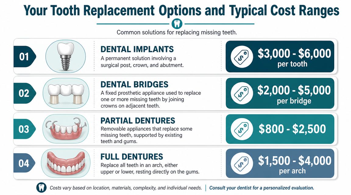 A chart showing four common tooth replacement options including implants, bridges, and dentures with typical cost ranges.