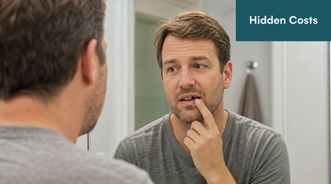 A concerned man looking into a bathroom mirror and pointing to his missing front tooth.