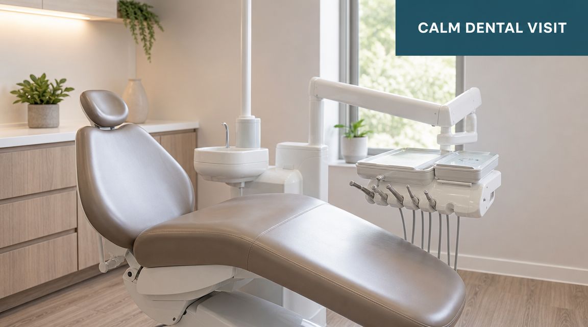 A clean, modern dental exam room with a comfortable patient chair and professional medical equipment.