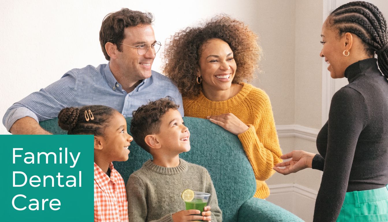 A happy multiracial family talking with a dental professional during a consultation in a bright office.