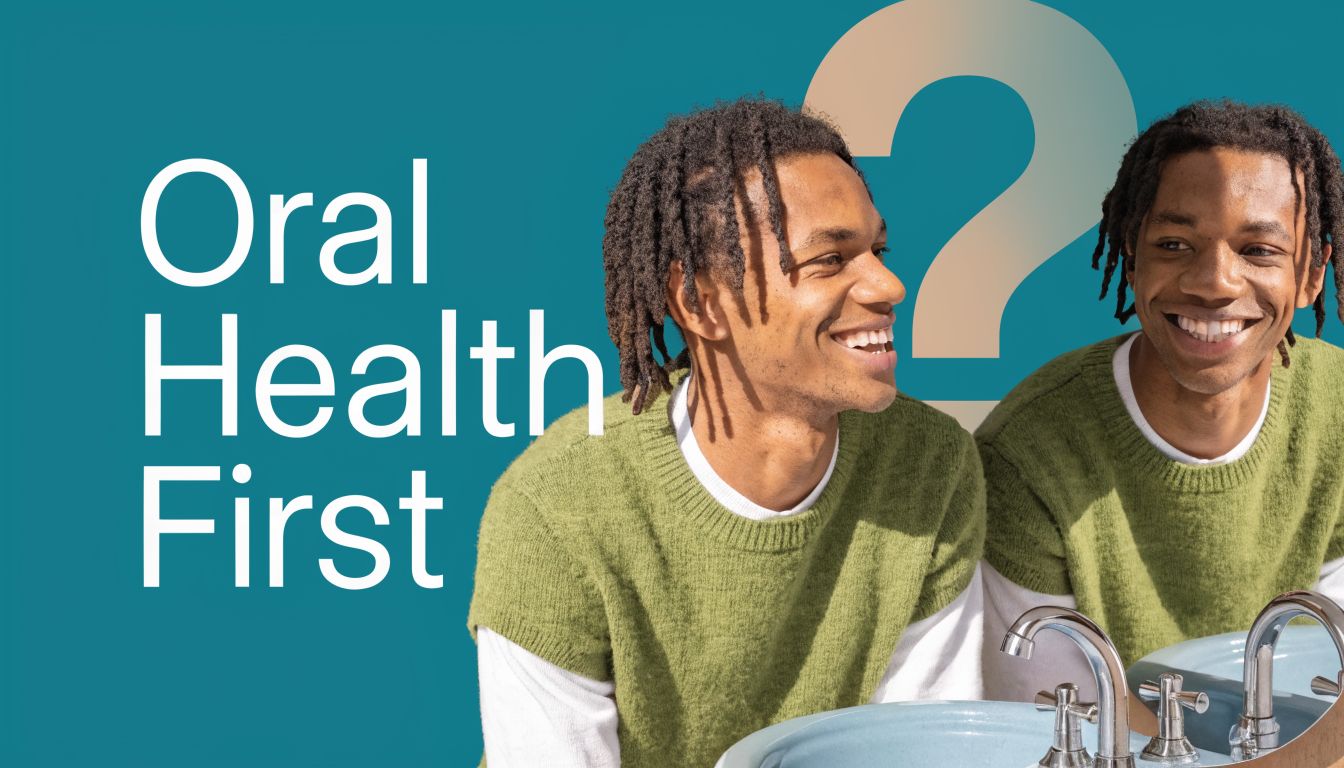 A young man looking at his reflection in a bathroom sink mirror with the text Oral Health First.