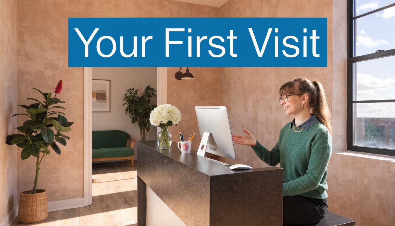 A smiling receptionist in a green sweater greets visitors at a modern office front desk.