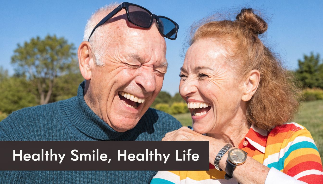 A happy senior couple laughing together outdoors with the text Healthy Smile, Healthy Life overlaid below them.