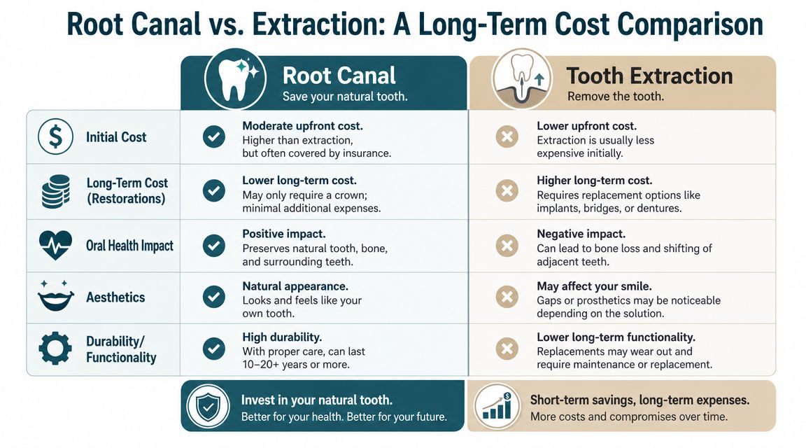 A comparison chart showing the long-term benefits and costs of root canal treatments versus tooth extractions.