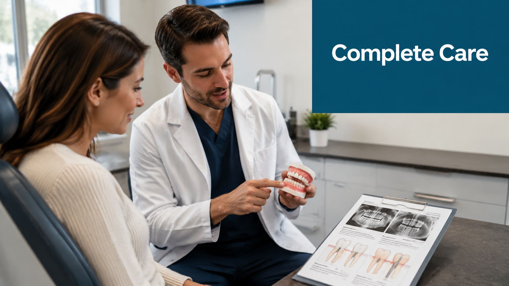 A dentist explains a dental procedure to a female patient using a tooth model and an x-ray chart.