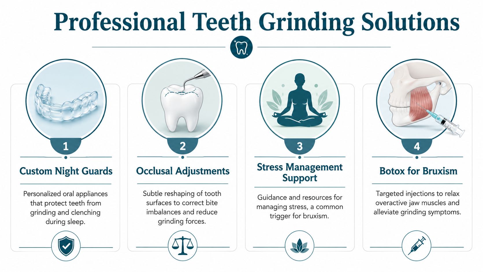 An infographic detailing four professional treatment options for teeth grinding, including night guards and Botox.