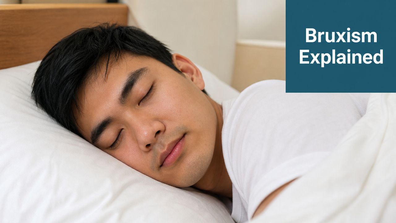A young man with dark hair sleeping peacefully on a white pillow in a bedroom.