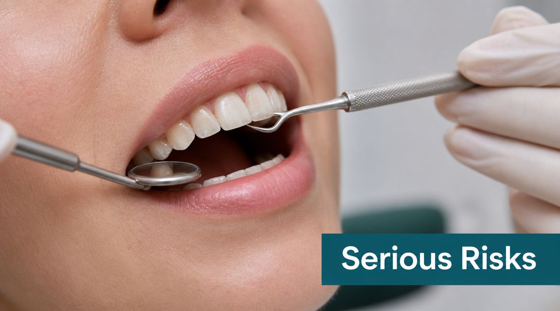 A close-up of a dentist examining a patient's teeth with tools, highlighting potential serious dental risks.
