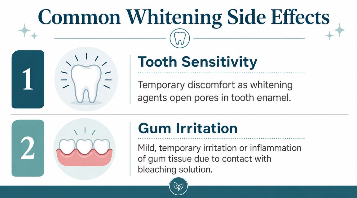 An infographic titled Common Whitening Side Effects listing tooth sensitivity and gum irritation with brief descriptions.