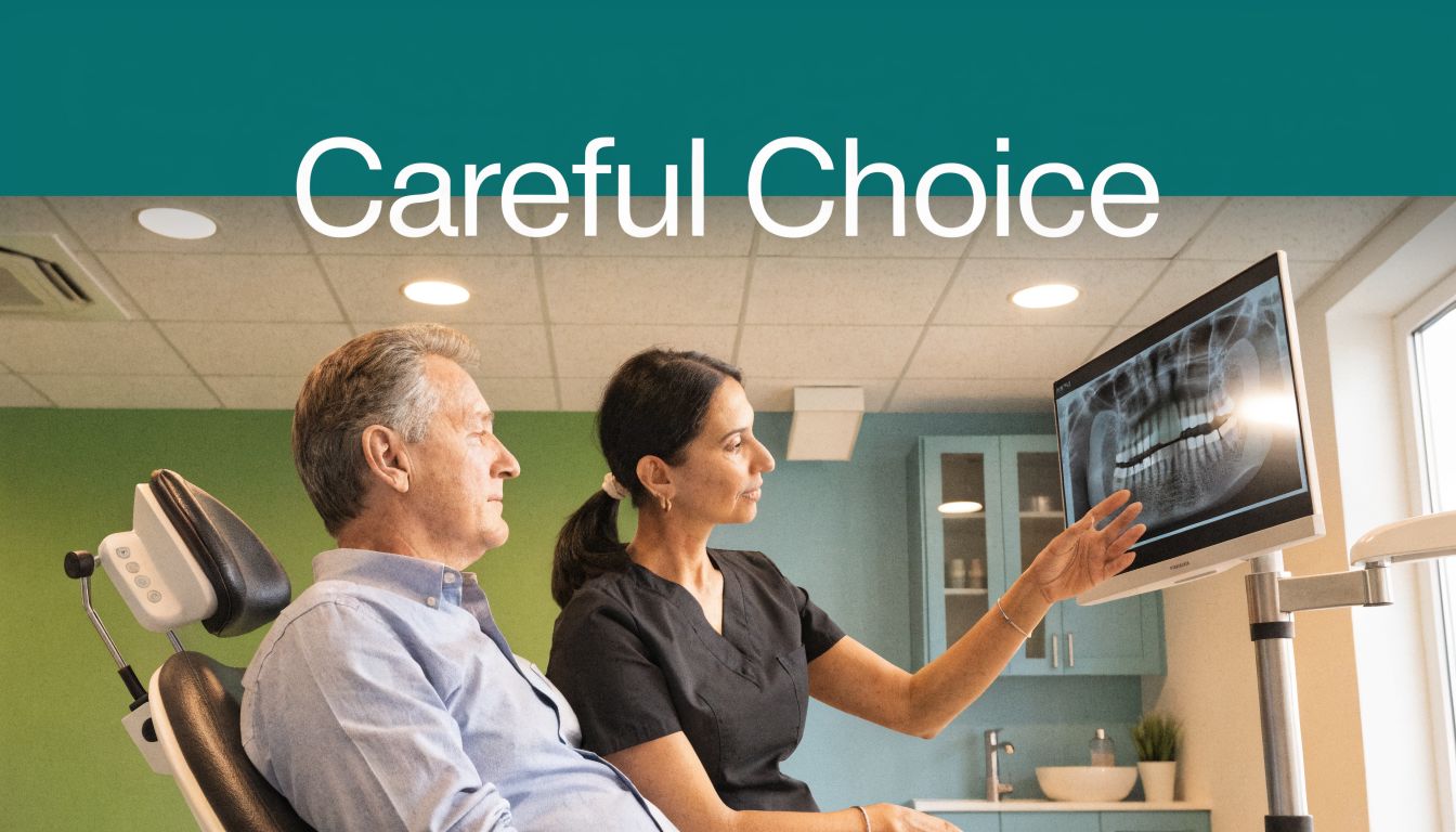 A dentist pointing at a panoramic dental X-ray on a computer screen while explaining it to an elderly patient.