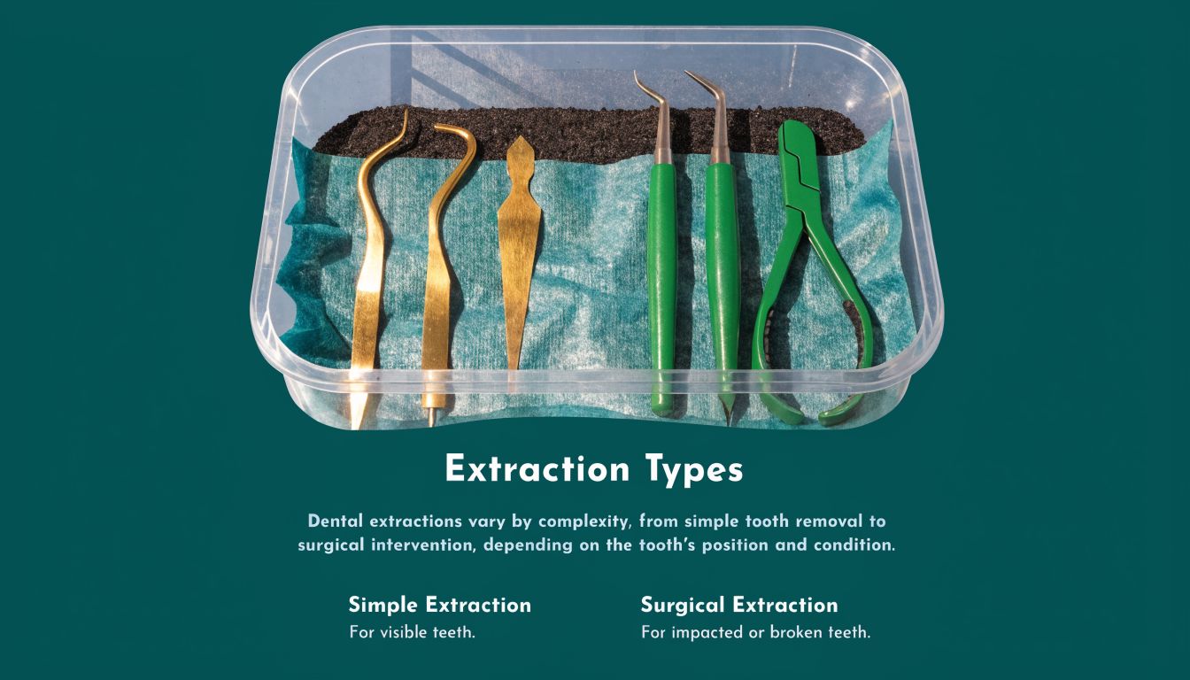 A set of gold and green dental extraction tools displayed in a clear plastic tray for procedures.