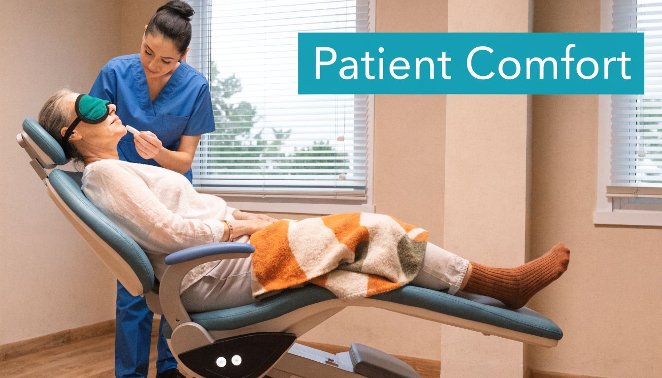 A professional nurse providing comfort to an elderly patient during a dental procedure in a clinical office.