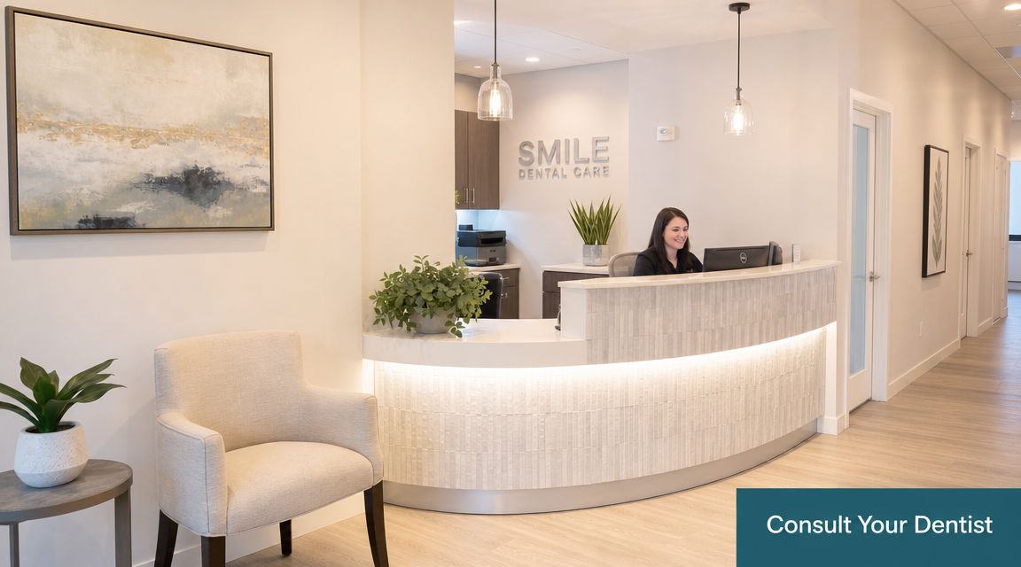 A professional and modern dental office reception area with a receptionist behind a curved white desk.
